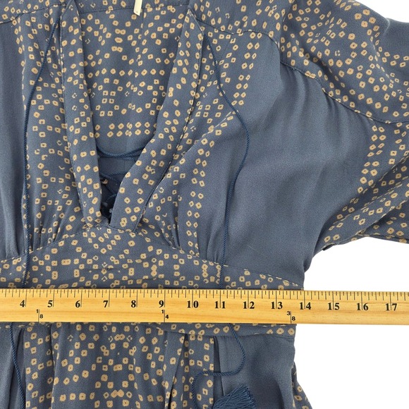 Free People Modern Kimono Maxi Dress Boho V Neck Blue Lace Up Tassels Size 4 - Picture 6 of 9